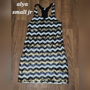 Alya Sequin Chevron Midi Dress - Black, Gold & White